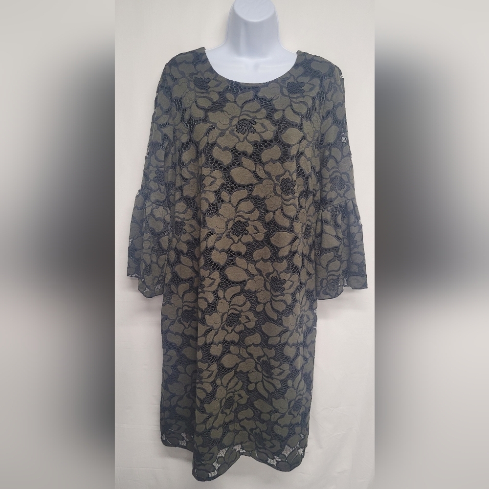 Alfani 12 Olive Green Lace Overlay Sheath Dress Zipper Back Lined Flare Sleeve